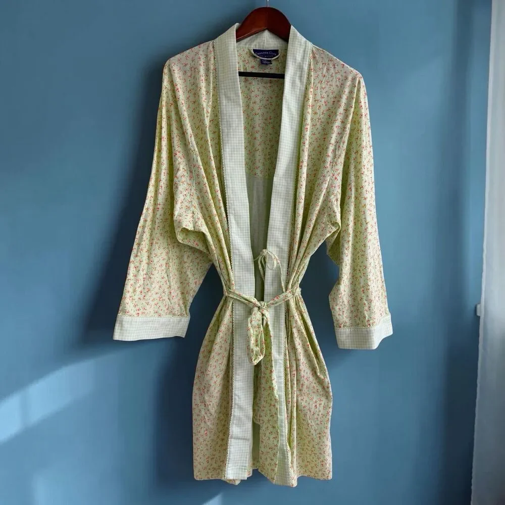 Charter Club Cottagecore Mint Green Floral Gingham Cotton Kimono Wrap Robe XL